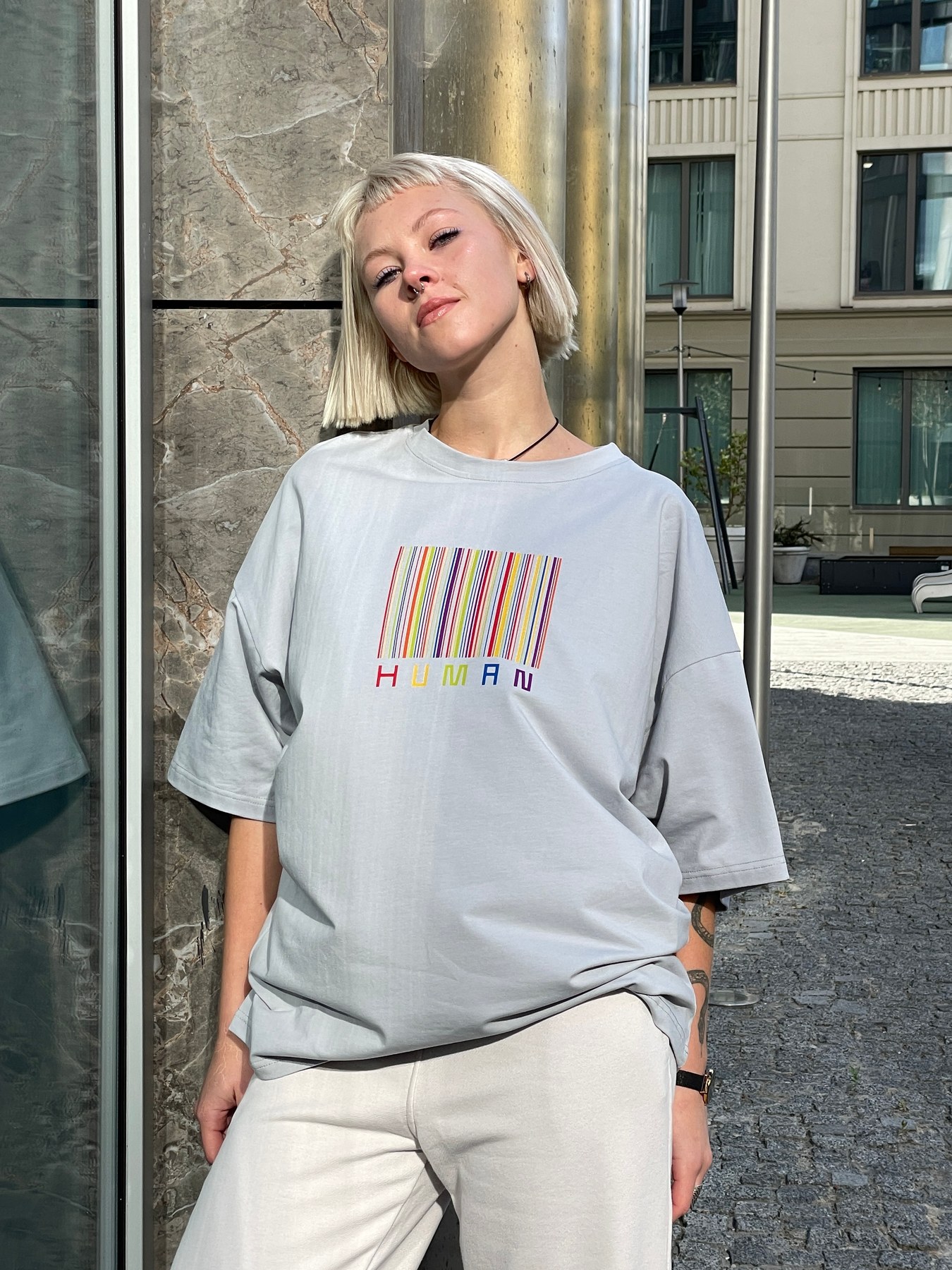 Blue-grey oversized HUMAN T-shirt by PCD