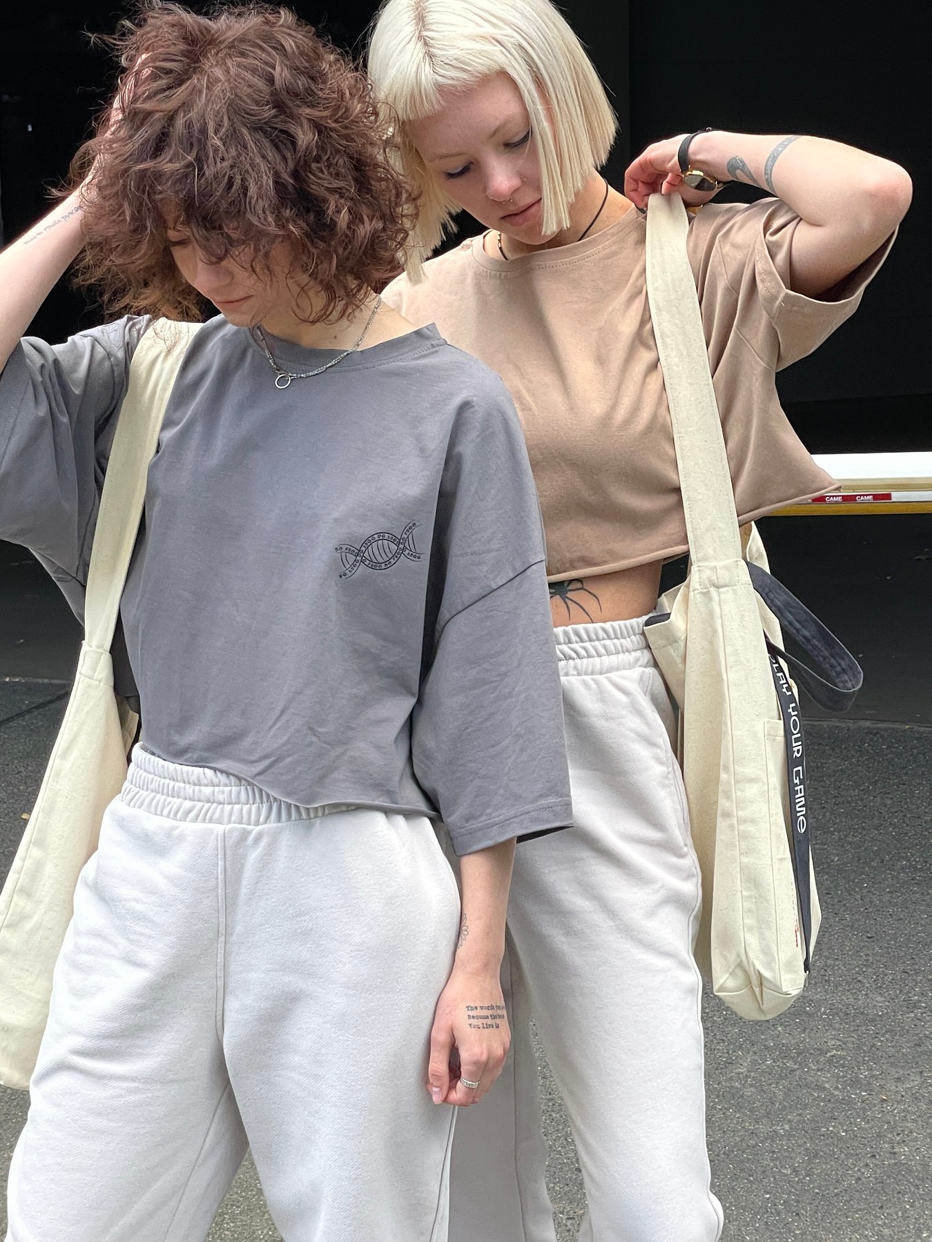 PCD crop top styled with an embroidered shopper
